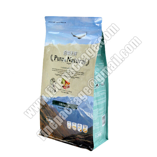 customized block bottom plastic pet treats packaging pouch, block bottom pet food bag